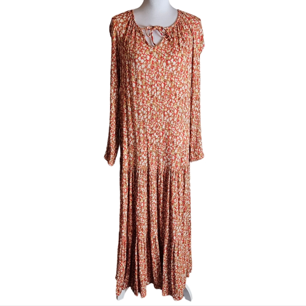 Sonoma Red Floral Print Crinkled Tiered Maxi Dress Size Large Boho Praire READ